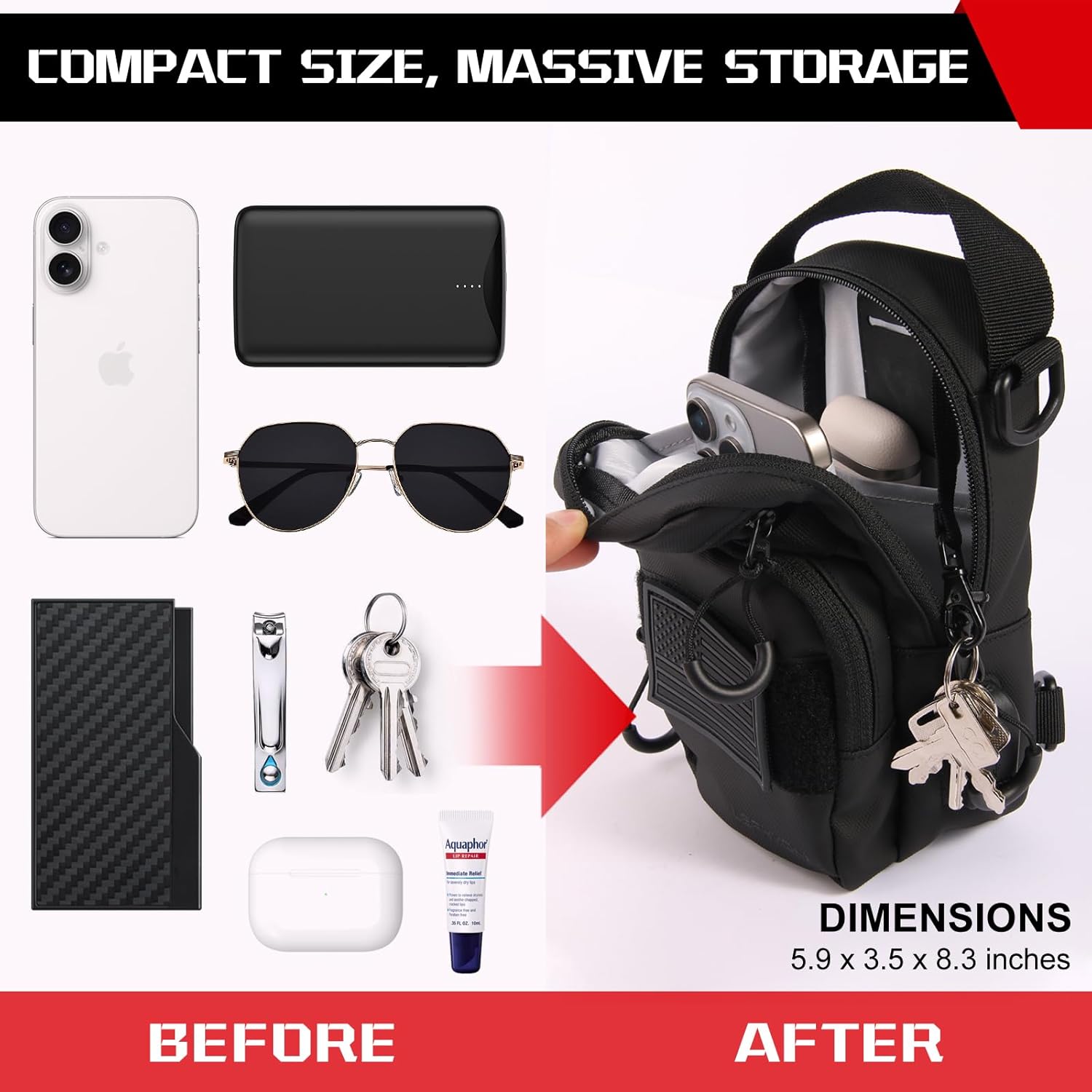 Black backpack with various items and text highlighting compact size and massive storage.