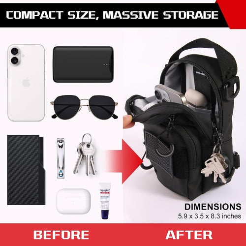 Black backpack with various items and text highlighting compact size and massive storage.