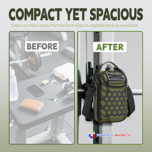 Comparison of a cluttered surface with items and a compact bag labeled 'Before' and 'After' with text about keeping items away from the floor.