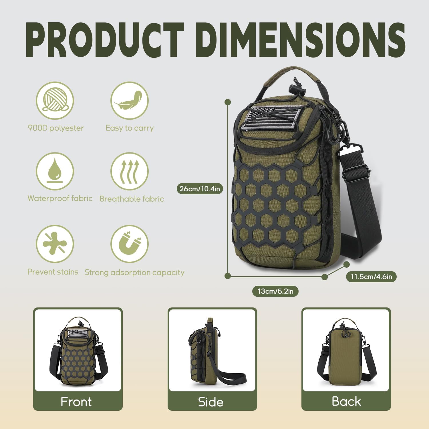Product dimensions chart for a green hexagonal patterned bag with features listed.