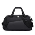 Black duffel bag with shoulder strap on a white background