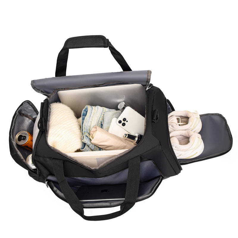 Open black backpack with various items on a white background