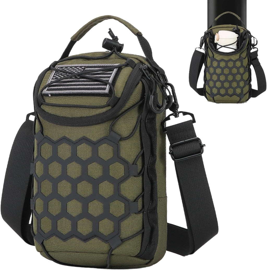 Green tactical bag with American flag patch on a white background