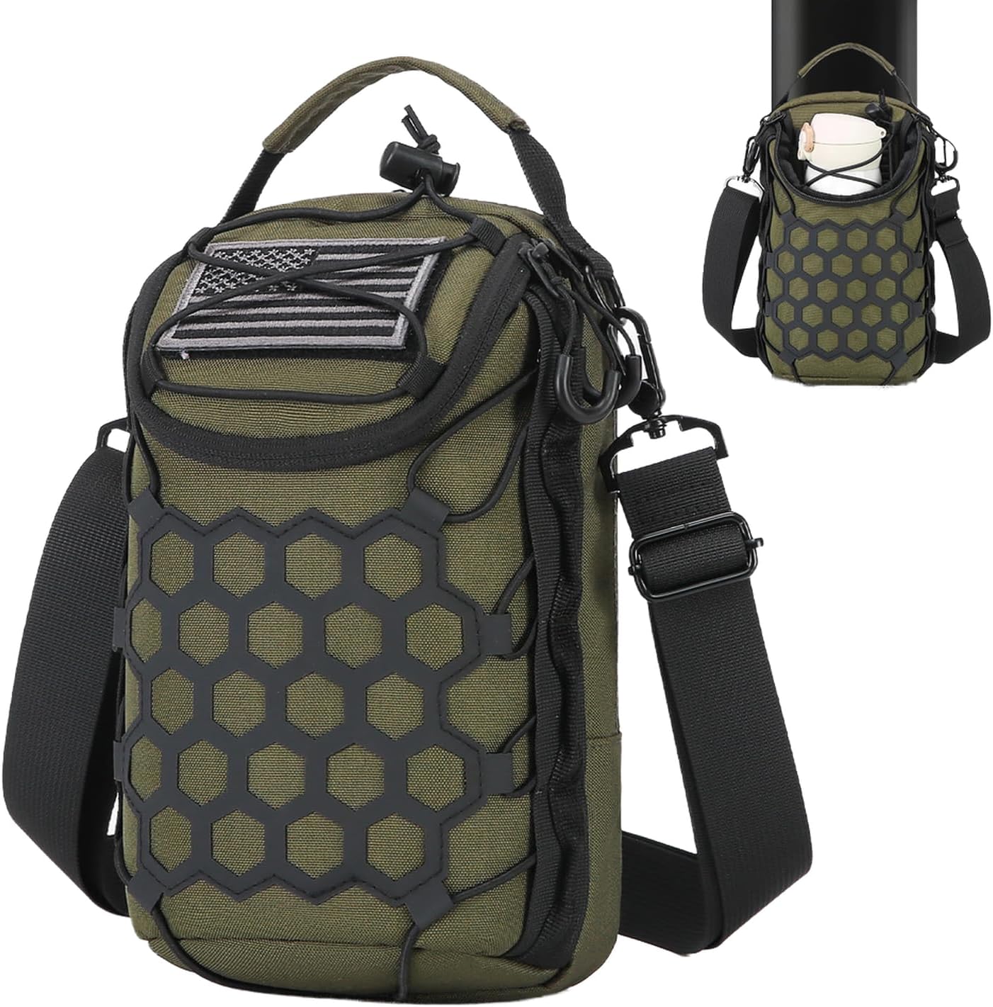 Green tactical bag with American flag patch on a white background