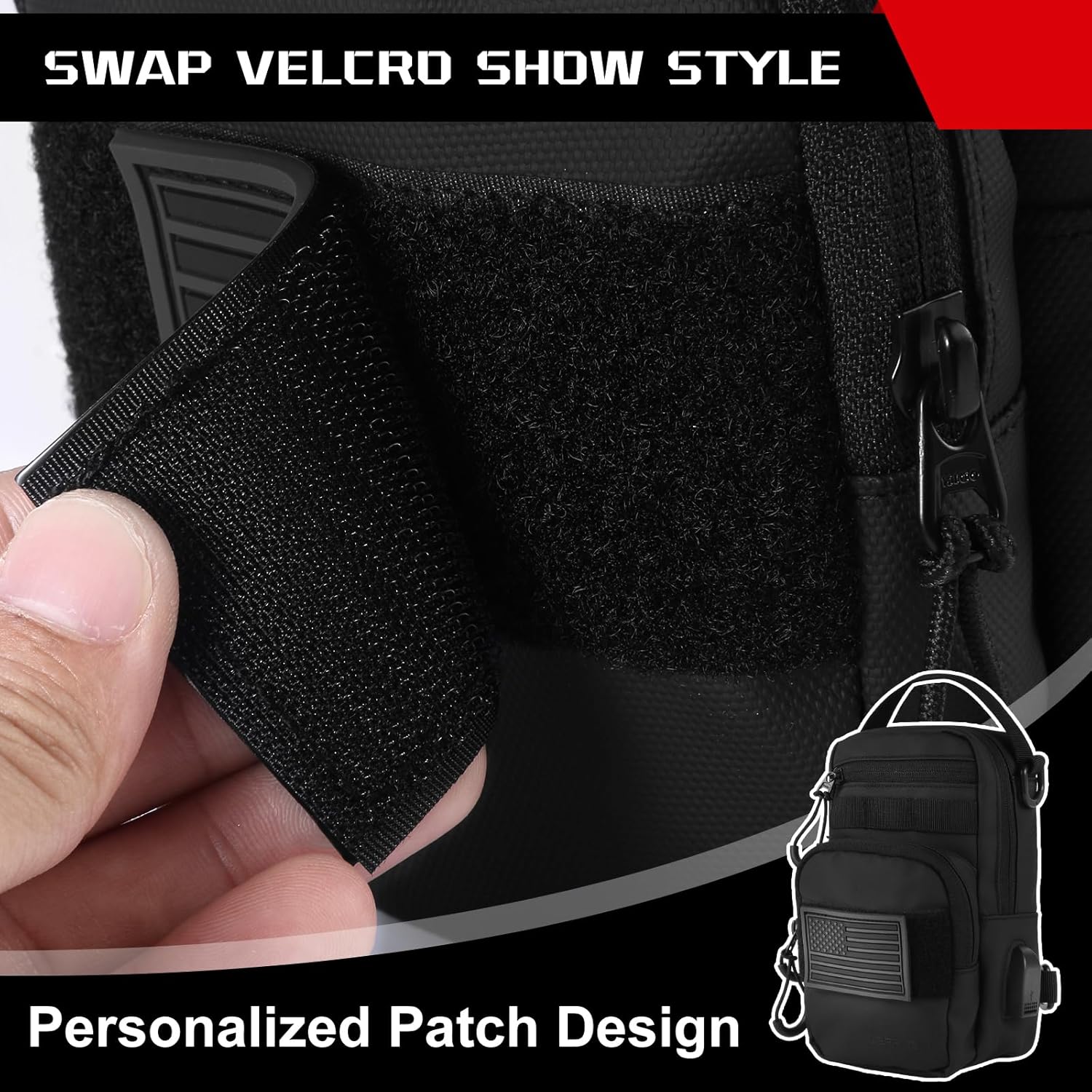 Black velcro patch being held with a hand, showing its design and application on a bag.