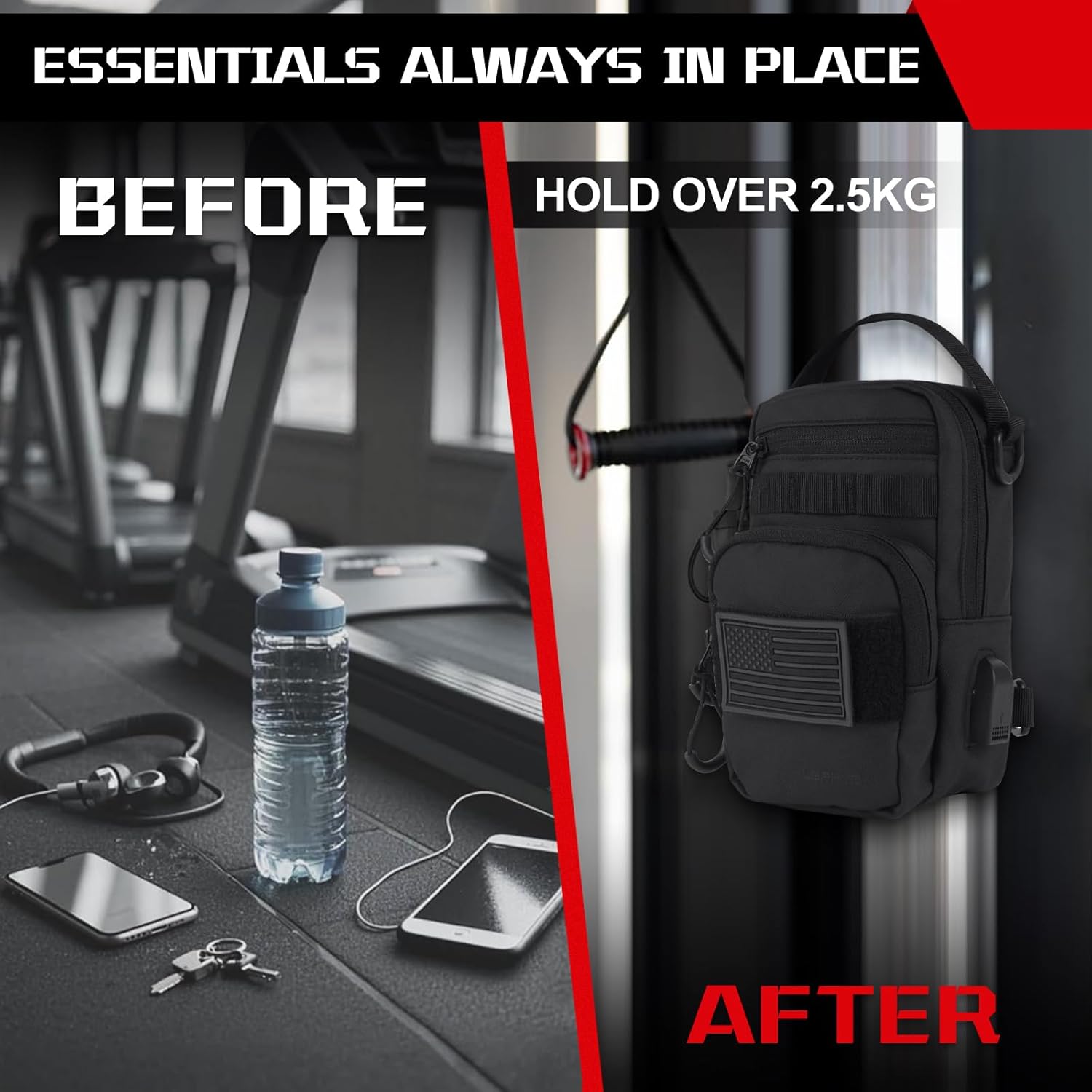 Comparison of a treadmill with personal items and a black backpack labeled 'Before' and 'After'.