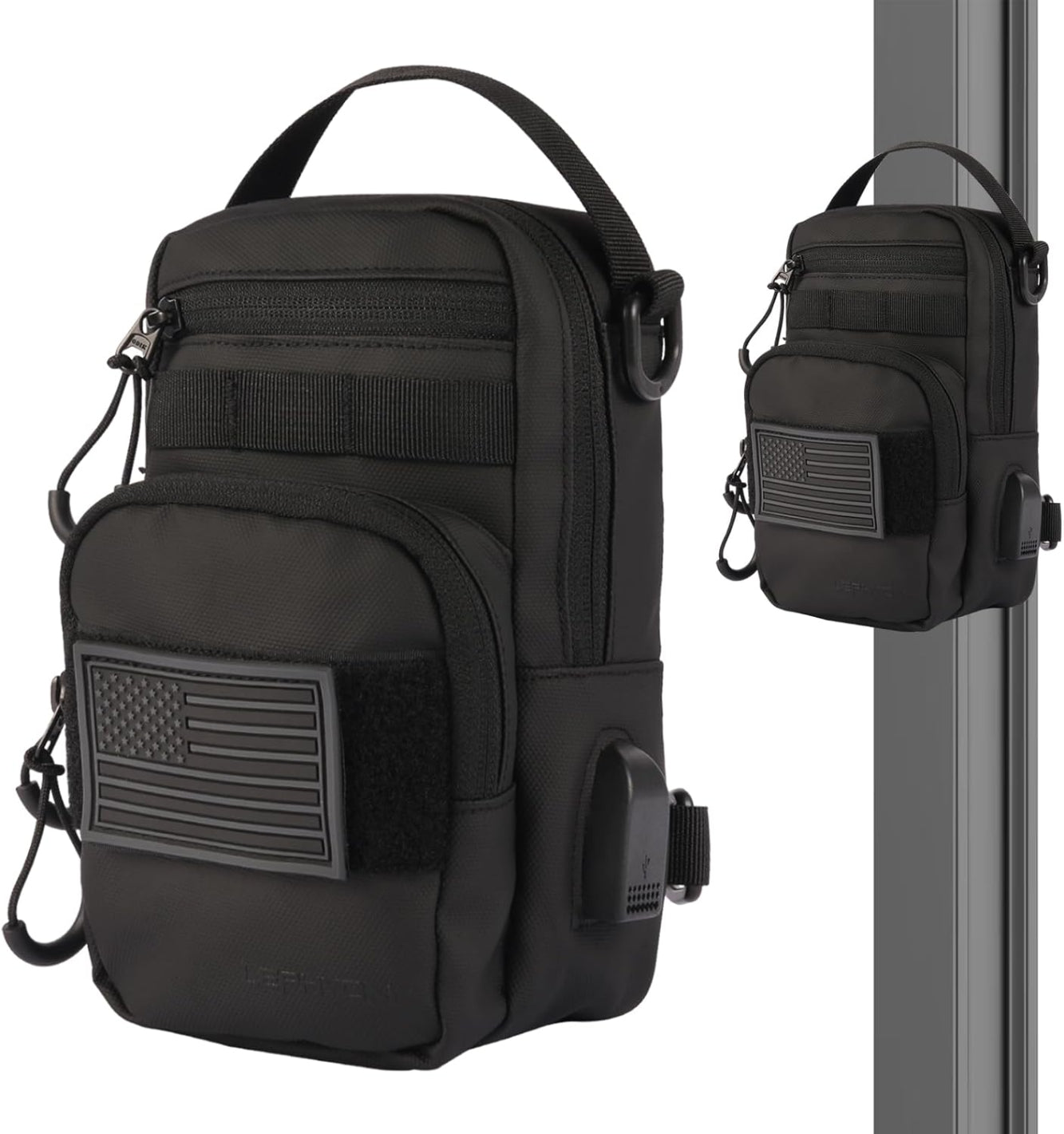 Black tactical bag with American flag patch on a white background